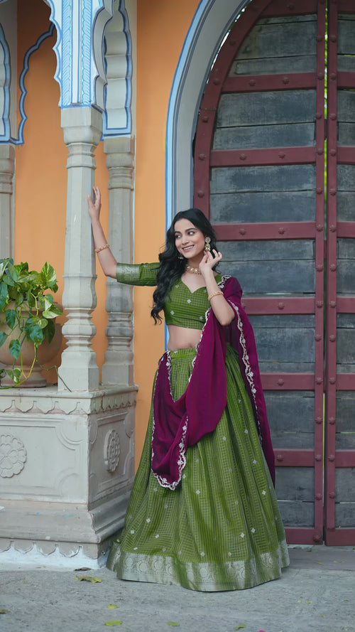 Mehndi Chinon Checks Langa Davani Set with Emerald Dupatta product reel