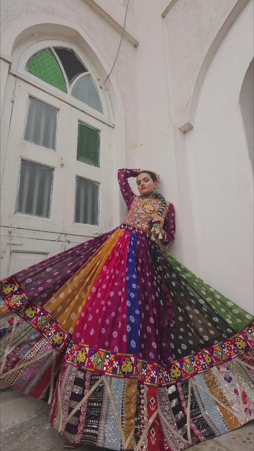 Multicolour Kutchi Gamthi Embroidered Navratri Lehenga Choli Set product reel