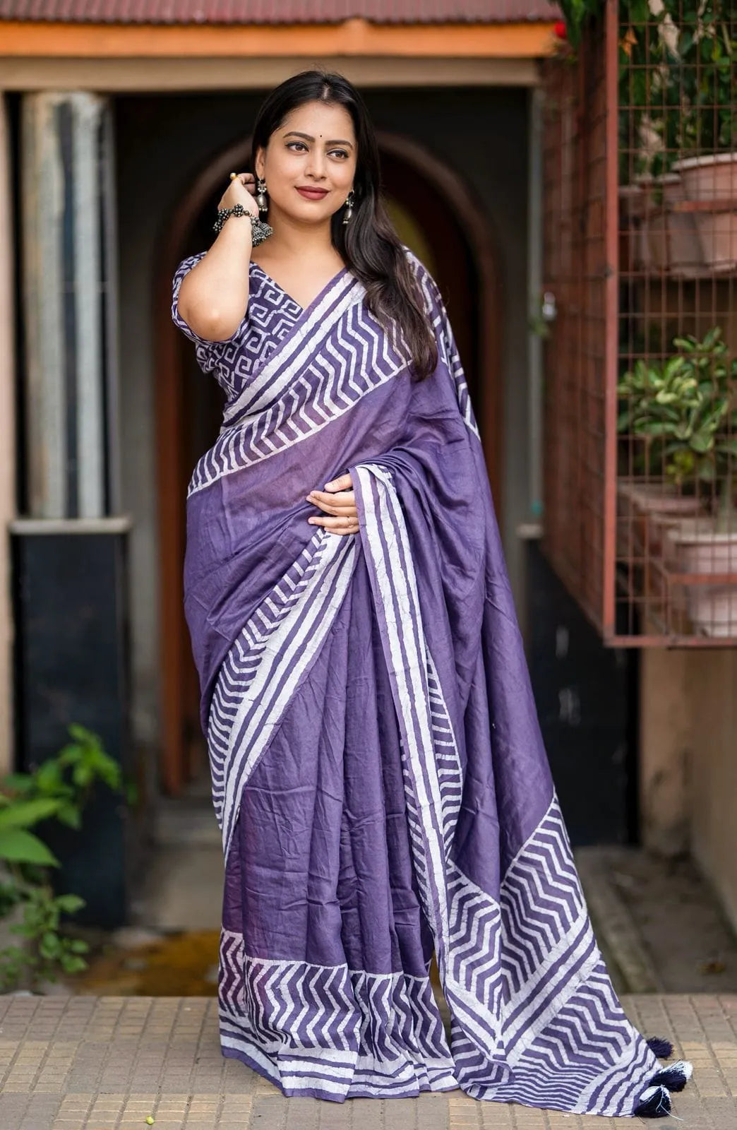 Purple Pure Chanderi Cotton Batik Print Saree with Tassels