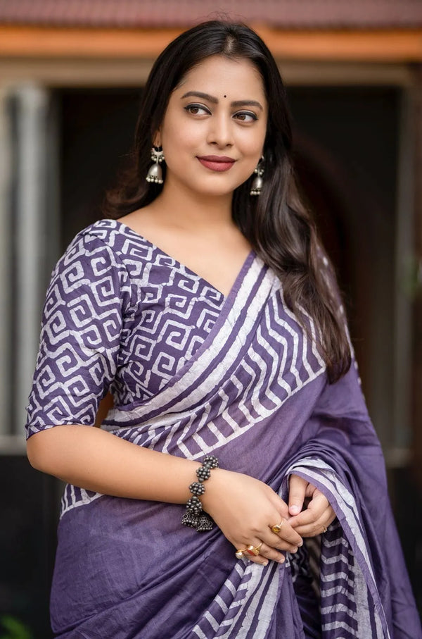 Purple Pure Chanderi Cotton Batik Print Saree with Tassels