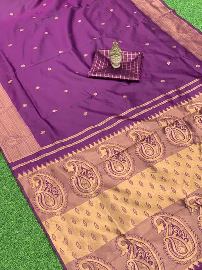 Women Kanjivaram Soft Silk Saree With Blouse Piece Purple Refined Sarees