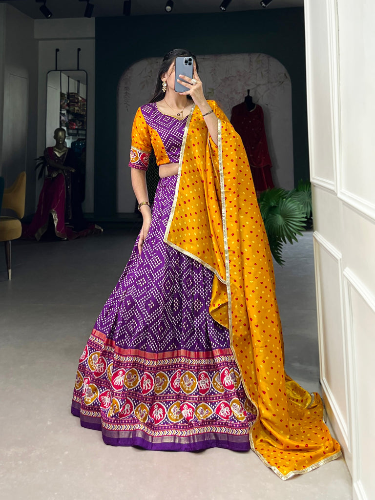 Bandhej & Patola Print Lehenga Choli with Foil Work & Dupatta