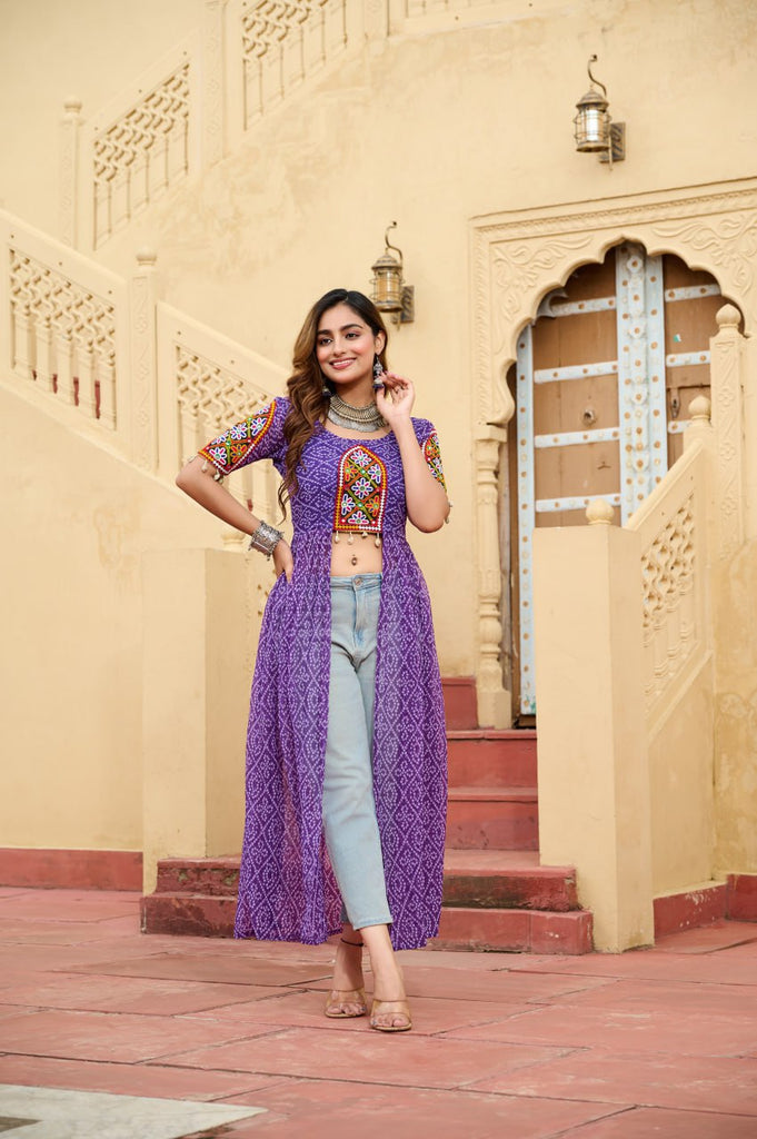 Premium Front Open Long Kurti – Bandhani Print with Kutchi Patchwork