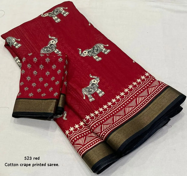 Red Kadambari Elephant Print Cotton Crepe Saree