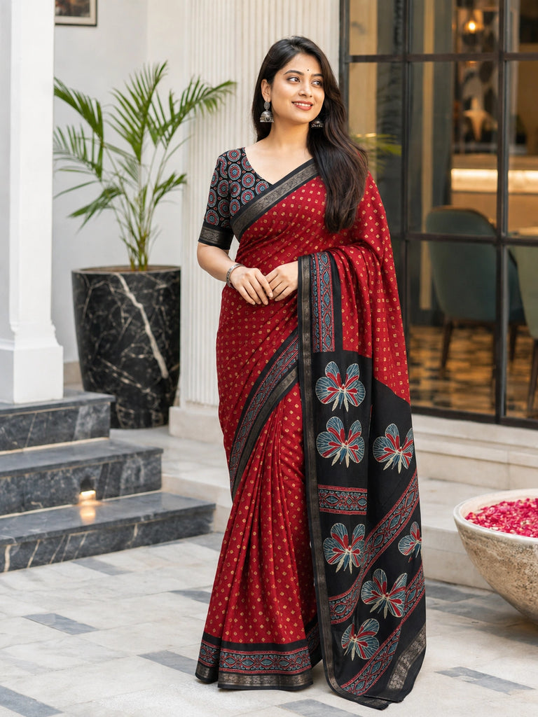 red black ajrakh saree