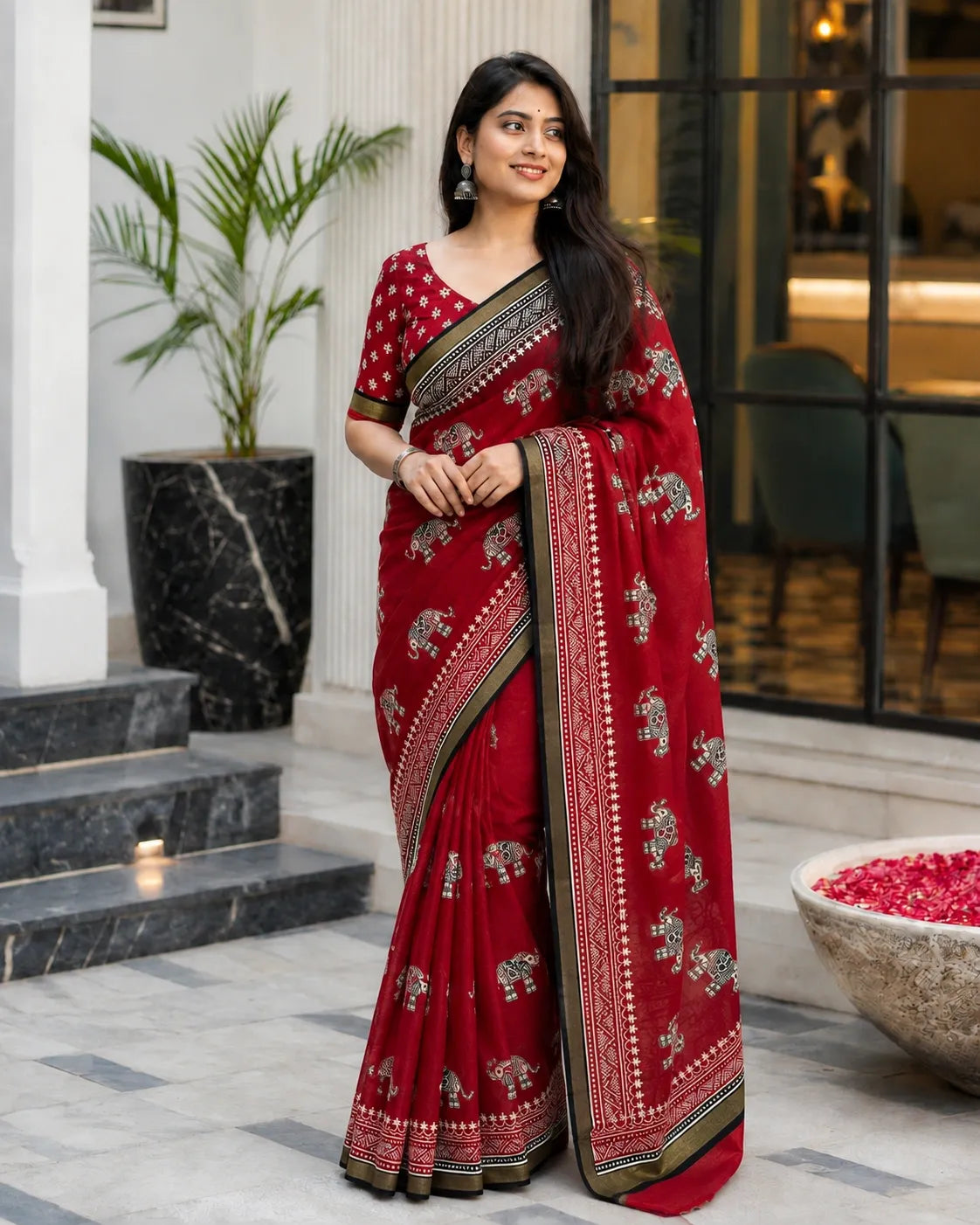 Red Kadambari Elephant Print Cotton Crepe Saree