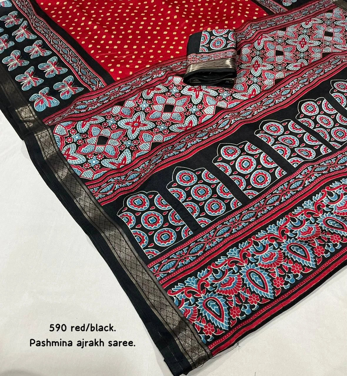 red pashmina ajrakh set