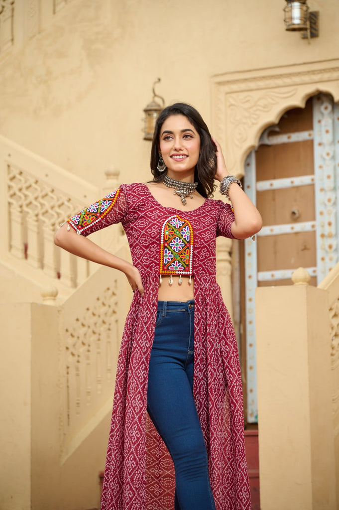Premium Front Open Long Kurti – Bandhani Print with Kutchi Patchwork