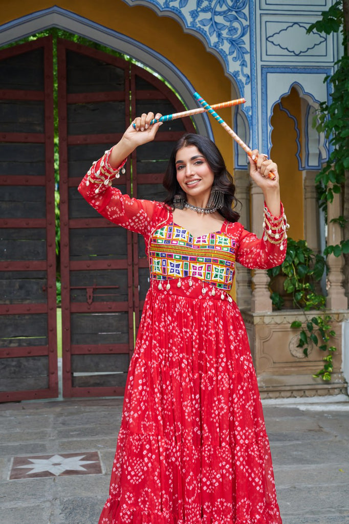 Bandhani Print Faux Georgette Gown with Kutchi Patchwork