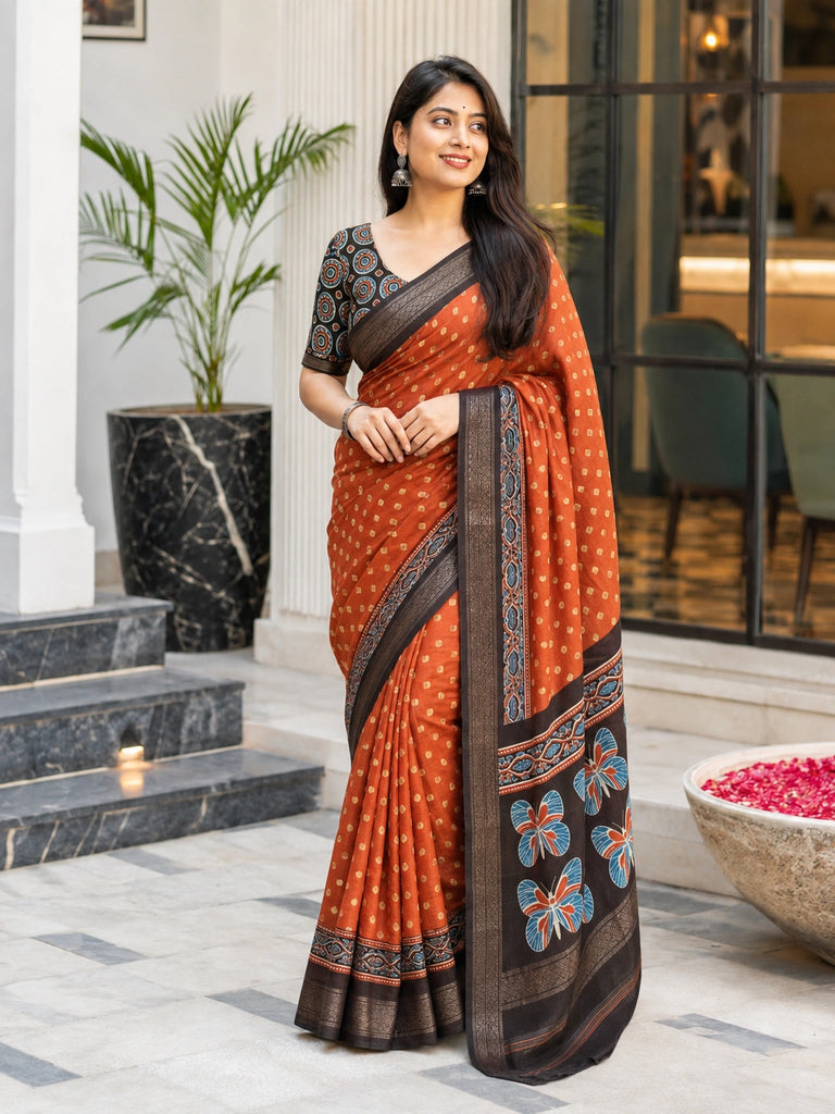 Rust Orange Pashmina Ajrakh Saree with Coffee Pallu