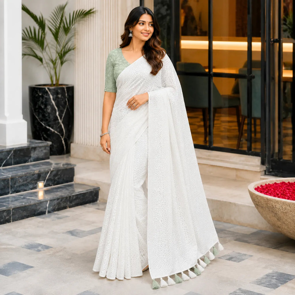 Lucknowi Saree with Sage Green Blouse