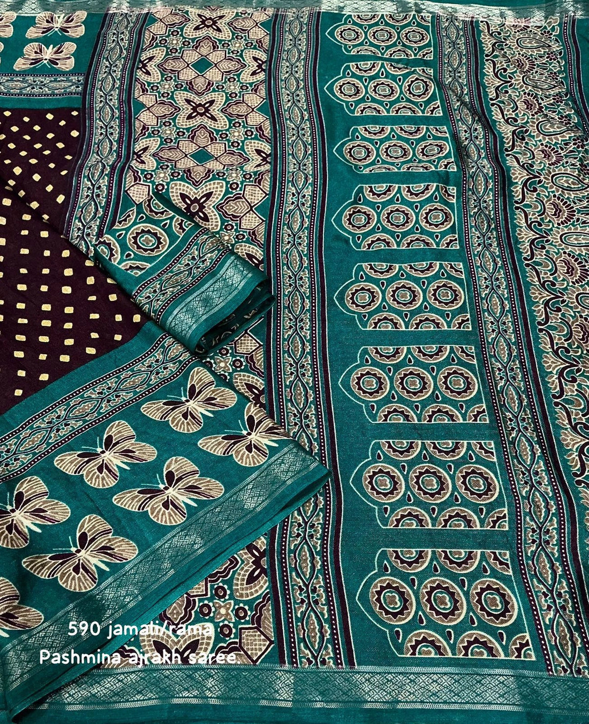 teal zari border saree