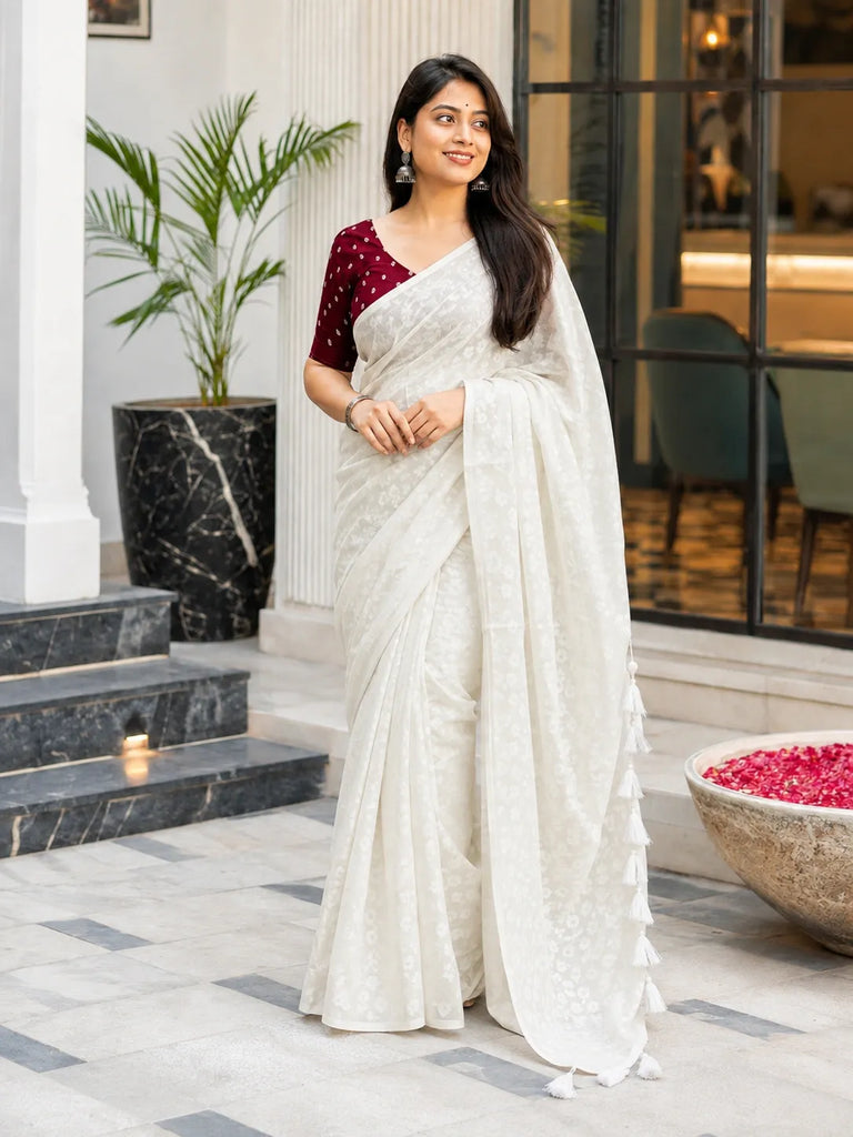white maroon saree