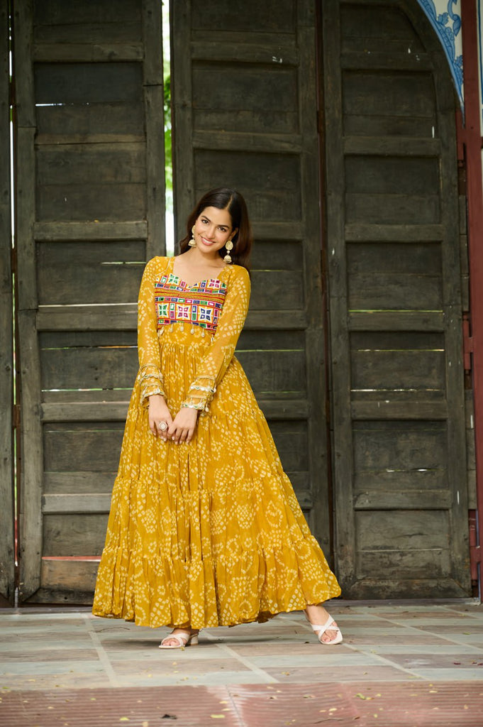 Bandhani Print Faux Georgette Gown with Kutchi Patchwork